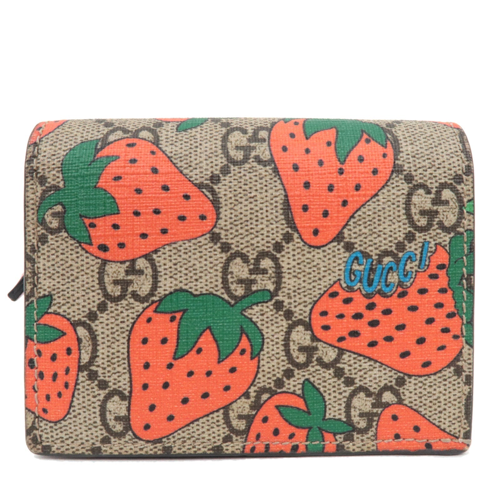 GUCCI GG Supreme Strawberry Bi-Fold Wallet Beige Pink 57383977325
