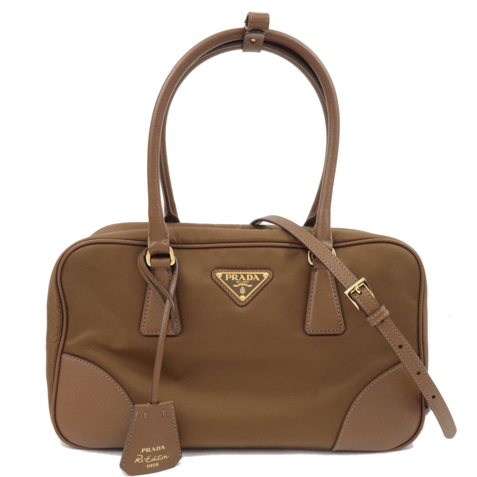 PRADA Re-Edition 1978 Medium 2Way Handbag Leather Beige 1BB115 *Strap, Crochette, Poignet77333