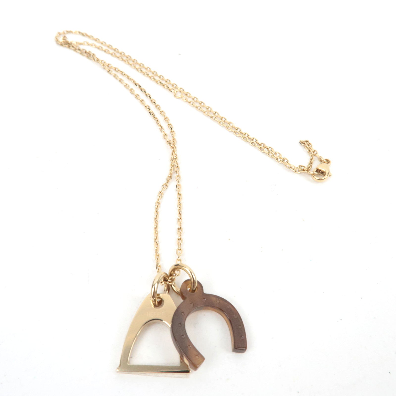 HERMES Amulette Equestre Necklace Metal Buffalo Horn Brown Gold *Box