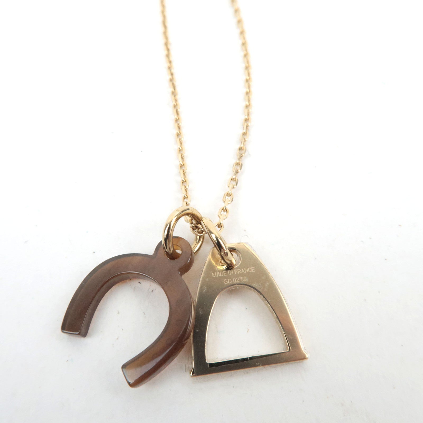 HERMES Amulette Equestre Necklace Metal Buffalo Horn Brown Gold *Box