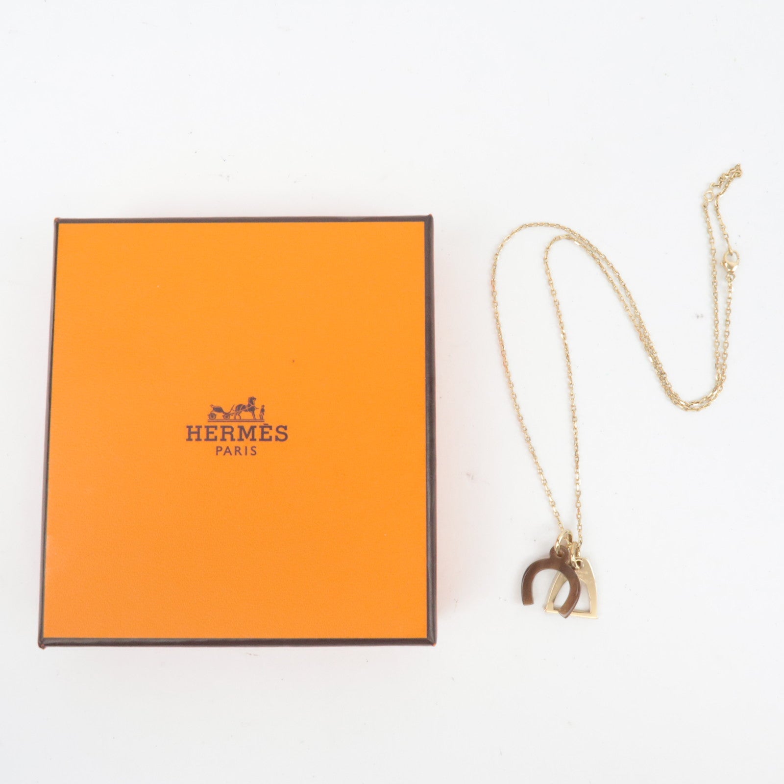 HERMES Amulette Equestre Necklace Metal Buffalo Horn Brown Gold *Box