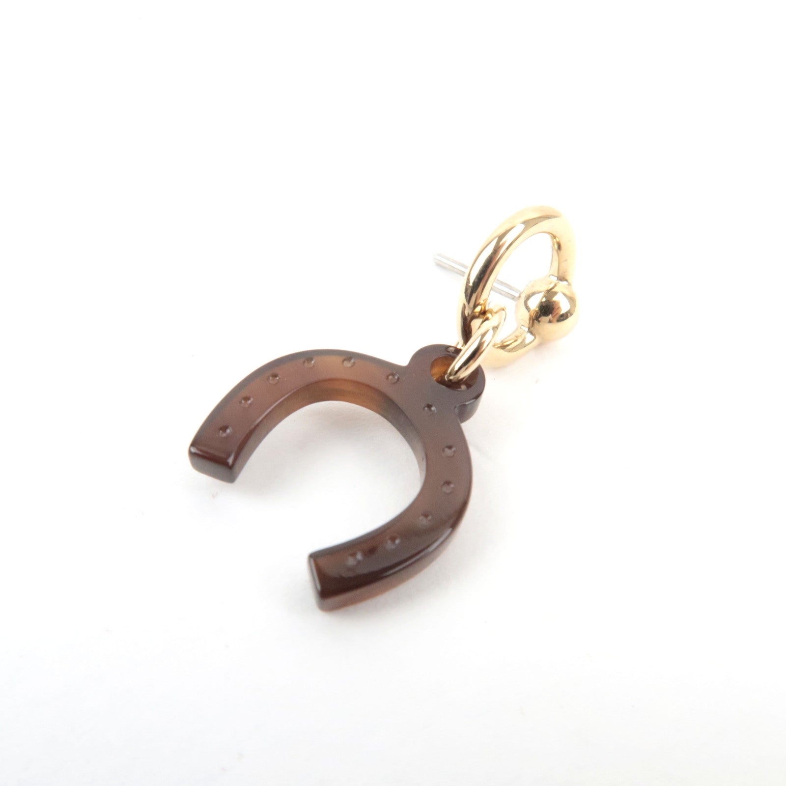 HERMES Amulette Equestre Earrings Metal Buffalo Horn Brown Gold *Box