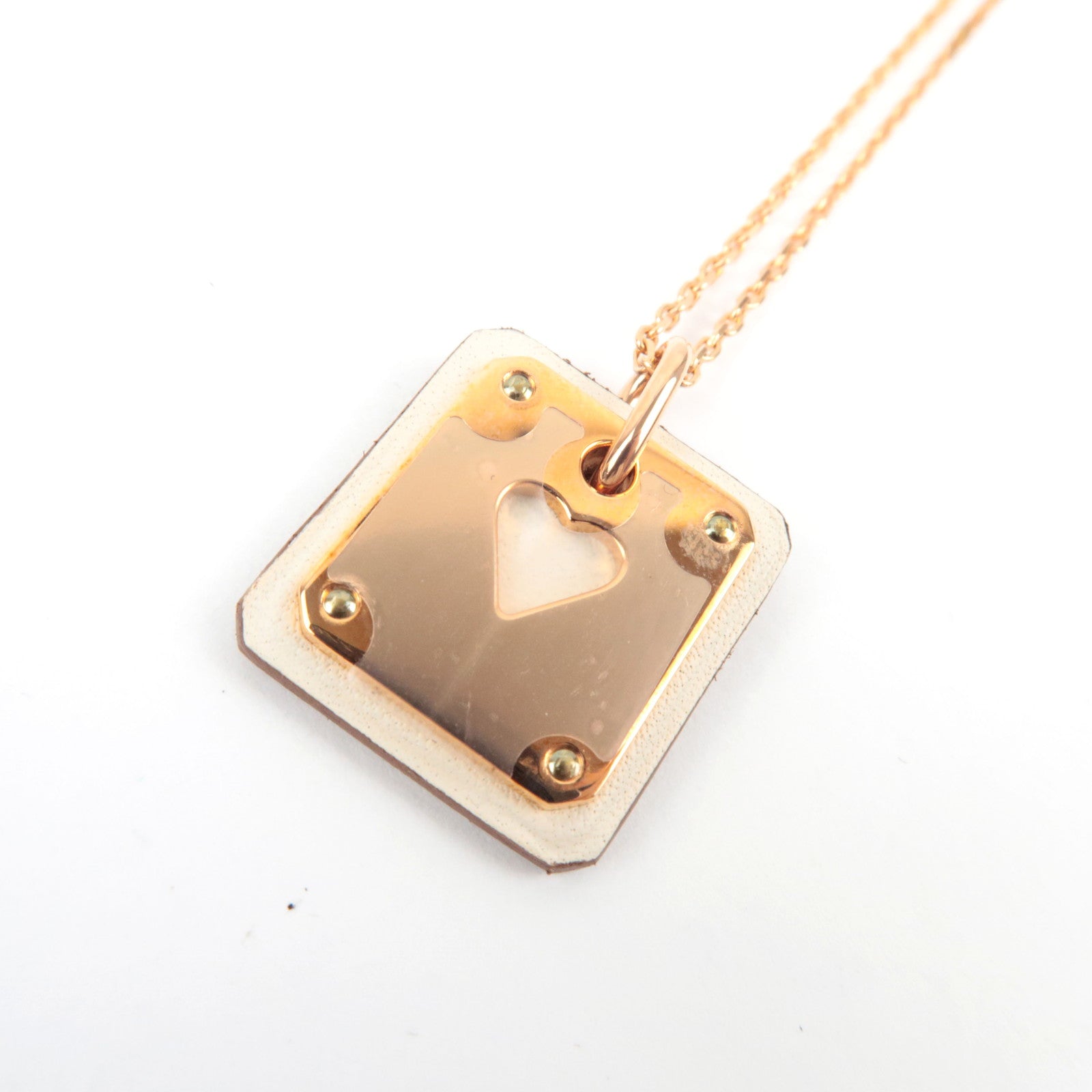 HERMES As De Coeur Necklace Metal Leather White Pink Gold *Box, Dust bag