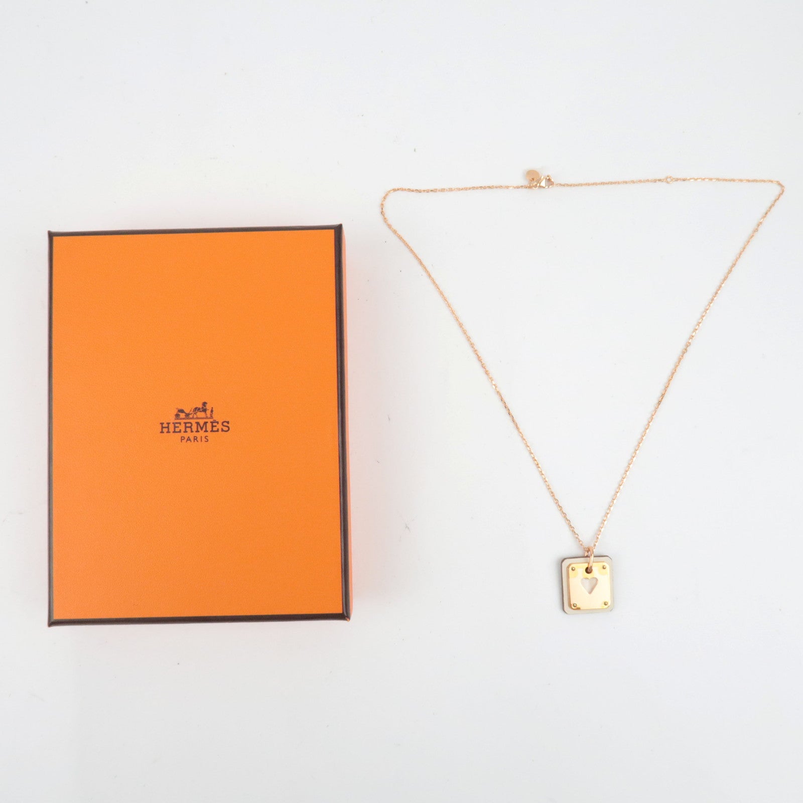 HERMES As De Coeur Necklace Metal Leather White Pink Gold *Box, Dust bag