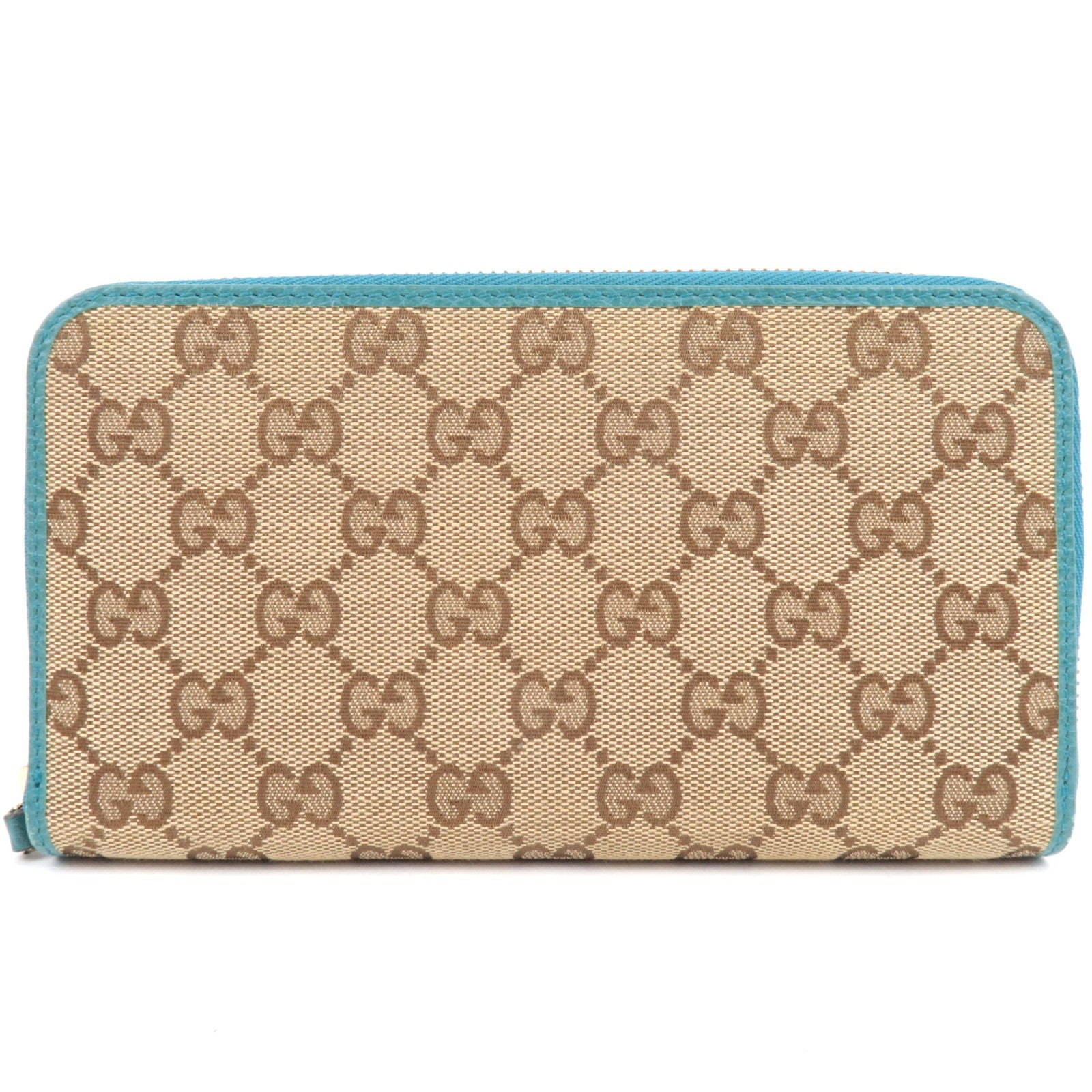 GUCCI Round Zipper Long Wallet GG Canvas Leather Beige Blue 363423 *Box77393