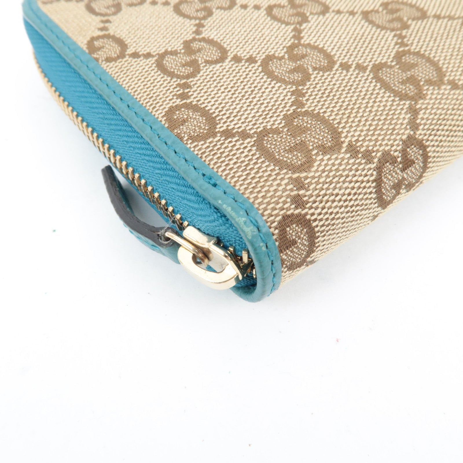 GUCCI Round Zipper Long Wallet GG Canvas Leather Beige Blue 363423 *Box