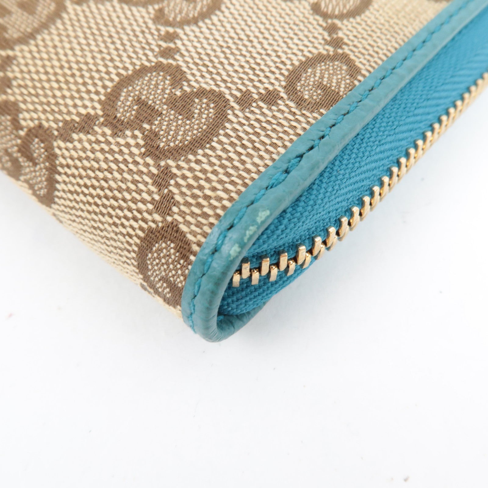 GUCCI Round Zipper Long Wallet GG Canvas Leather Beige Blue 363423 *Box