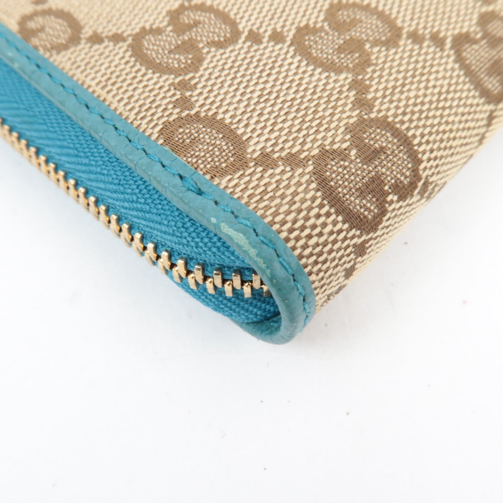 GUCCI Round Zipper Long Wallet GG Canvas Leather Beige Blue 363423 *Box