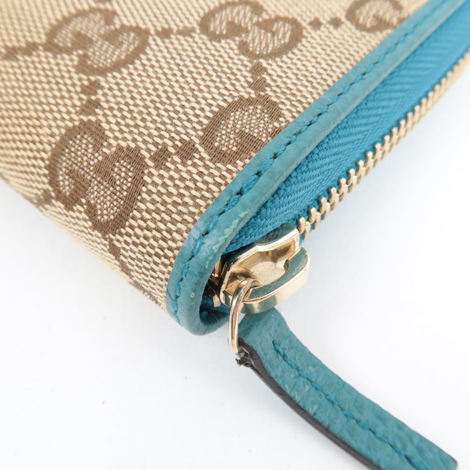 GUCCI Round Zipper Long Wallet GG Canvas Leather Beige Blue 363423 *Box