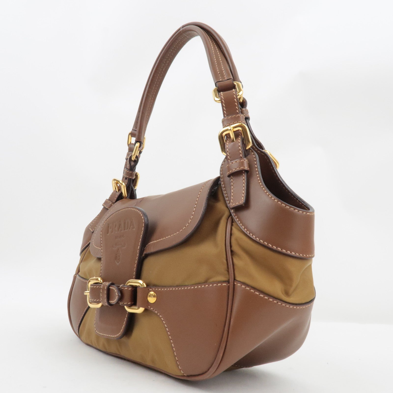 PRADA Shoulder Bag Nylon Leather Brown