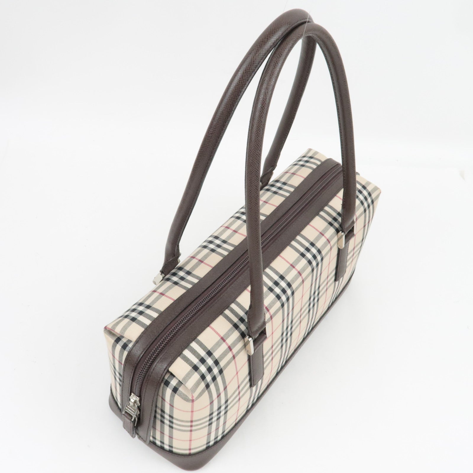 BURBERRY Nova Plaid Handbag Canvas Leather Beige Brown