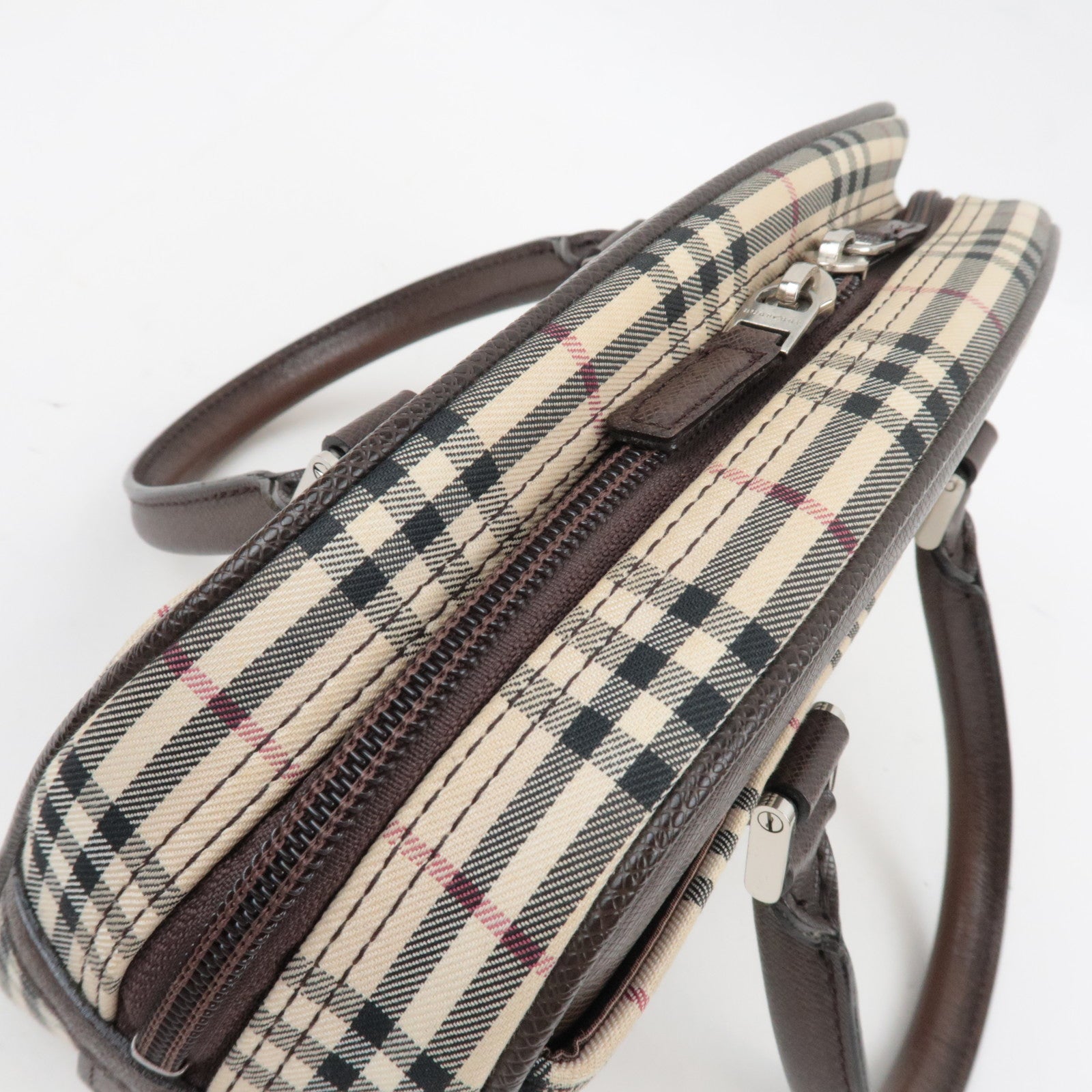 BURBERRY Nova Plaid Handbag Canvas Leather Beige Brown