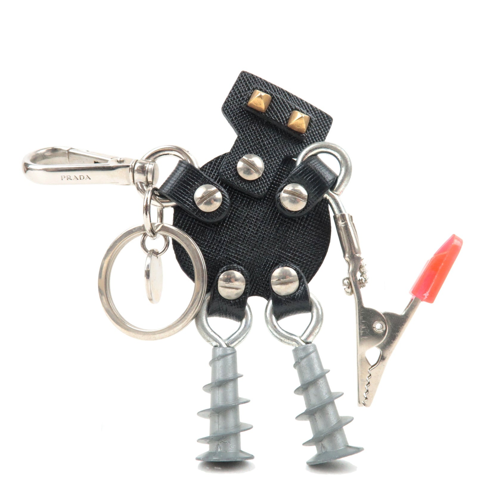 PRADA Robot Bag Charm Leather Metal Black Silver77487
