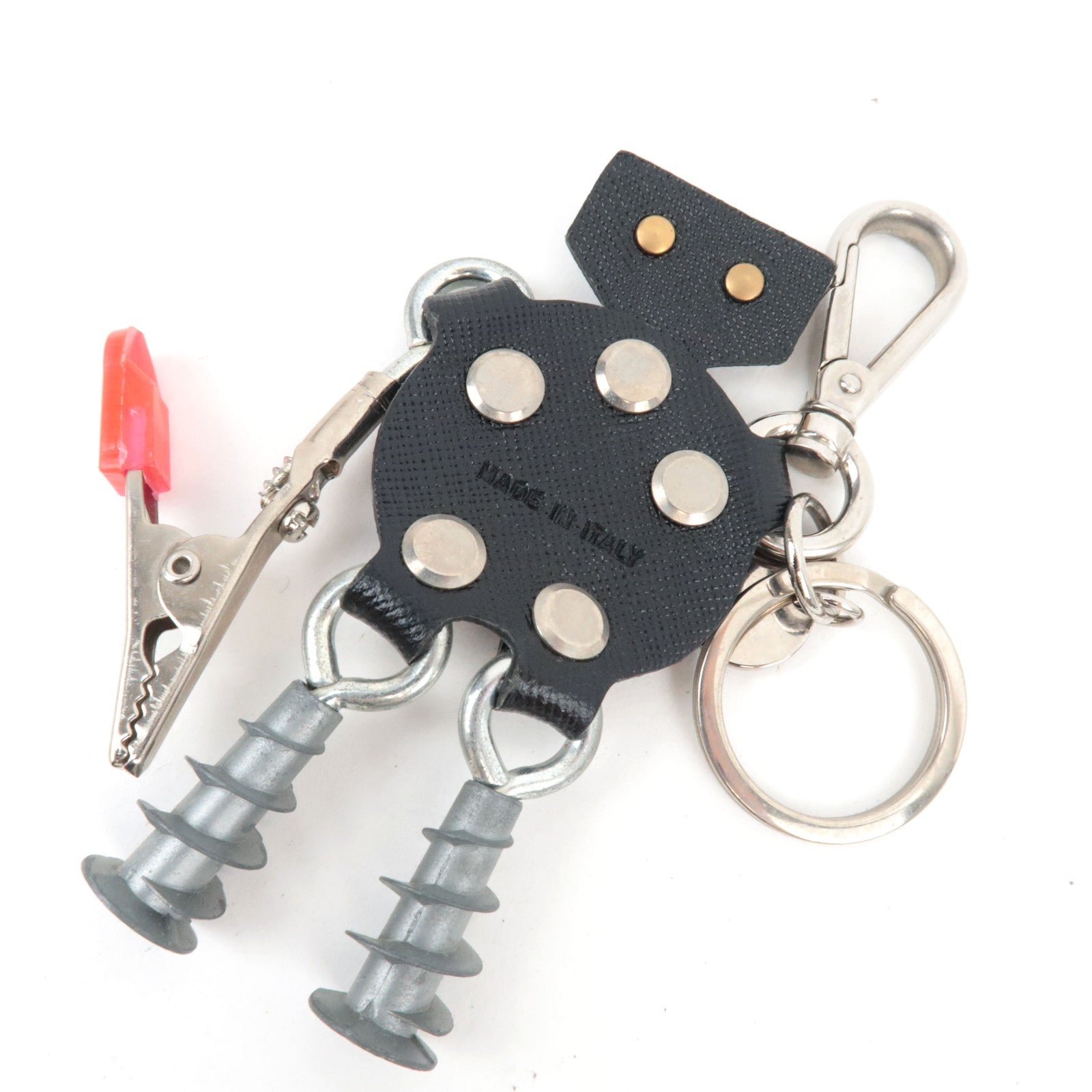 PRADA Robot Bag Charm Leather Metal Black Silver