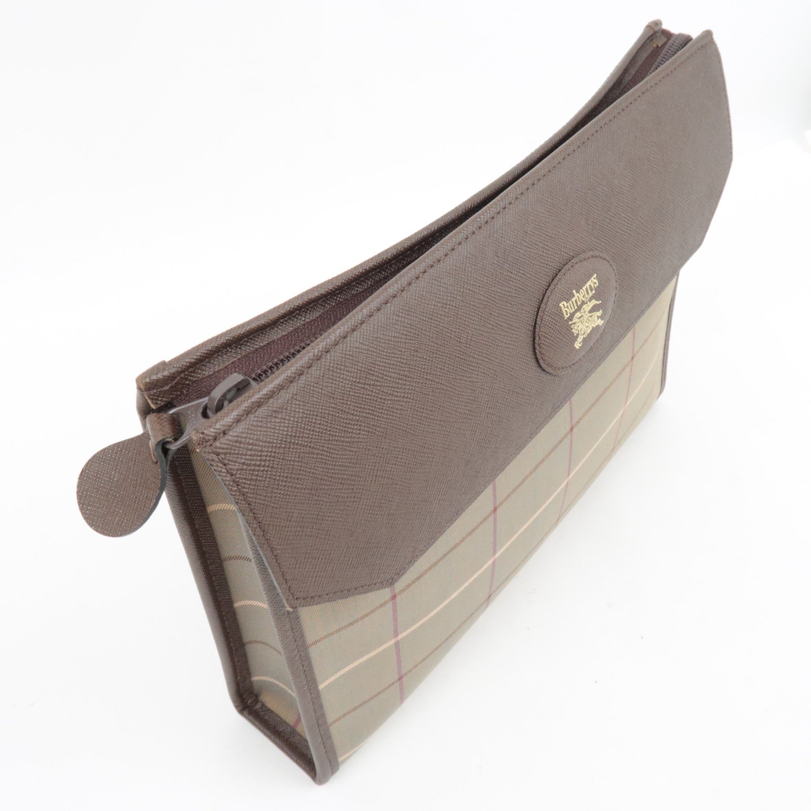 BURBERRY Burberry's Plaid Clutch Bag Canvas Leather Khaki Brown