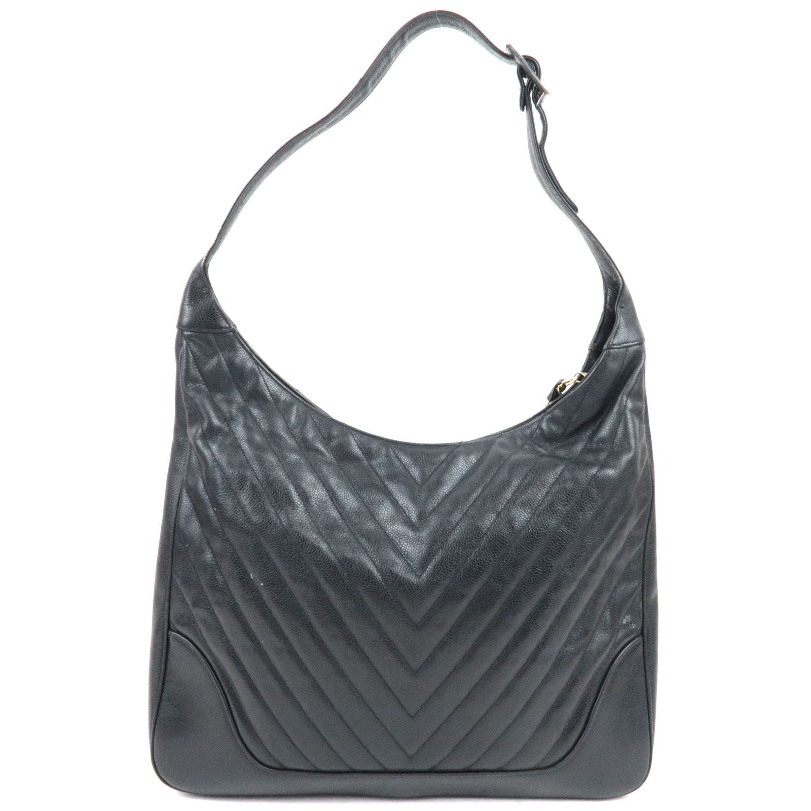 CHANEL V-Stitch Shoulder Bag Caviar Skin Black Gold HDW 1842787 *Dust bag