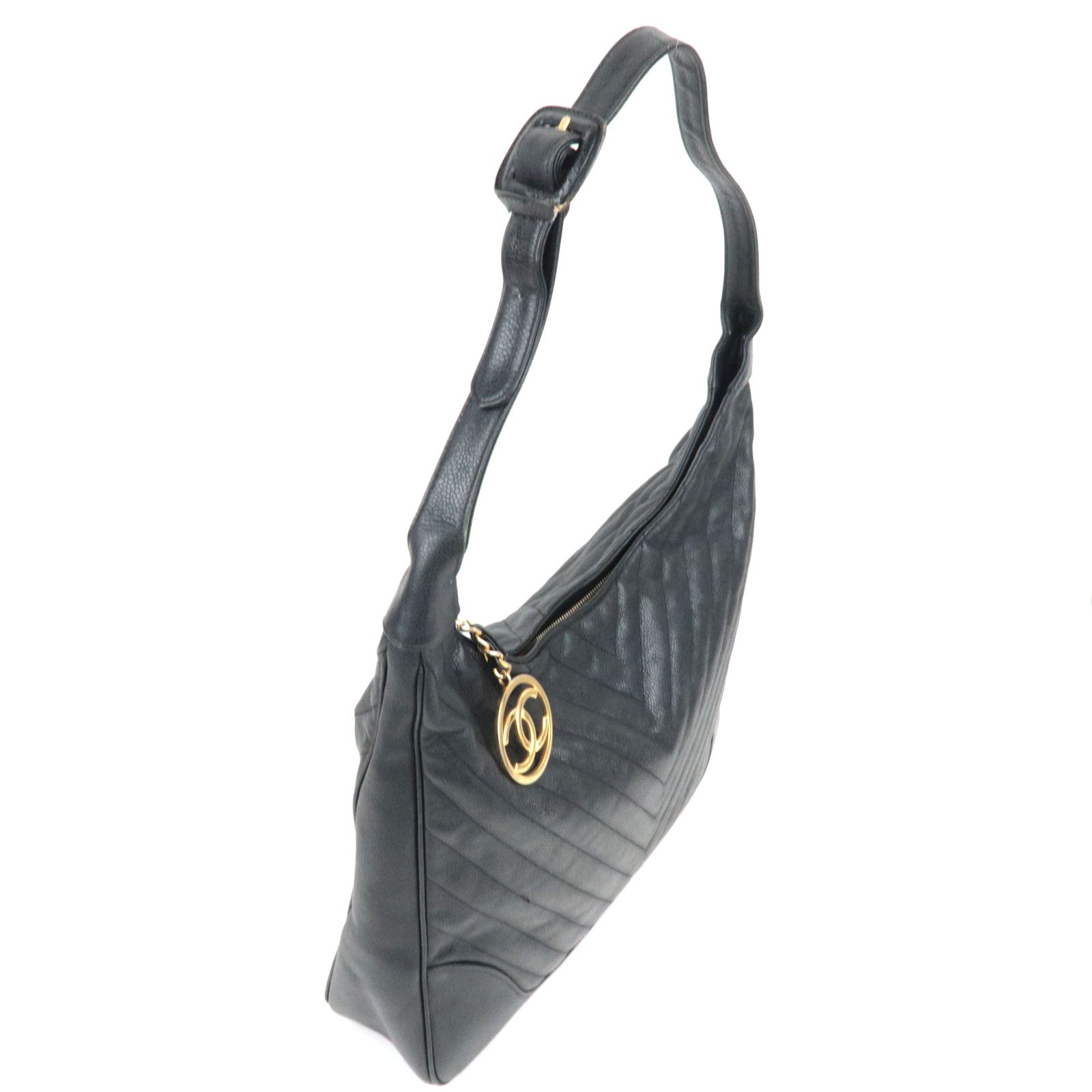 CHANEL V-Stitch Shoulder Bag Caviar Skin Black Gold HDW 1842787 *Dust bag