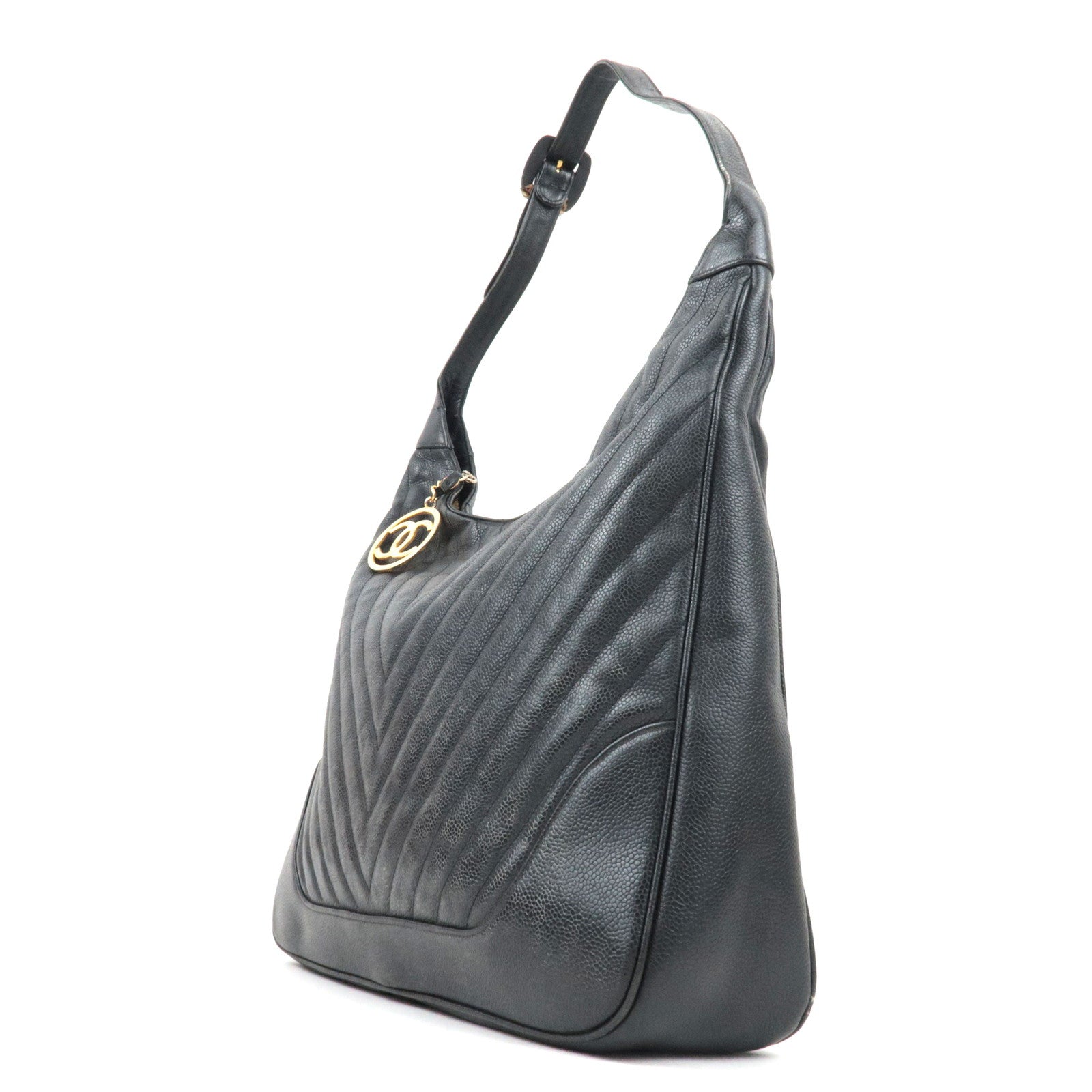 CHANEL V-Stitch Shoulder Bag Caviar Skin Black Gold HDW 1842787 *Dust bag