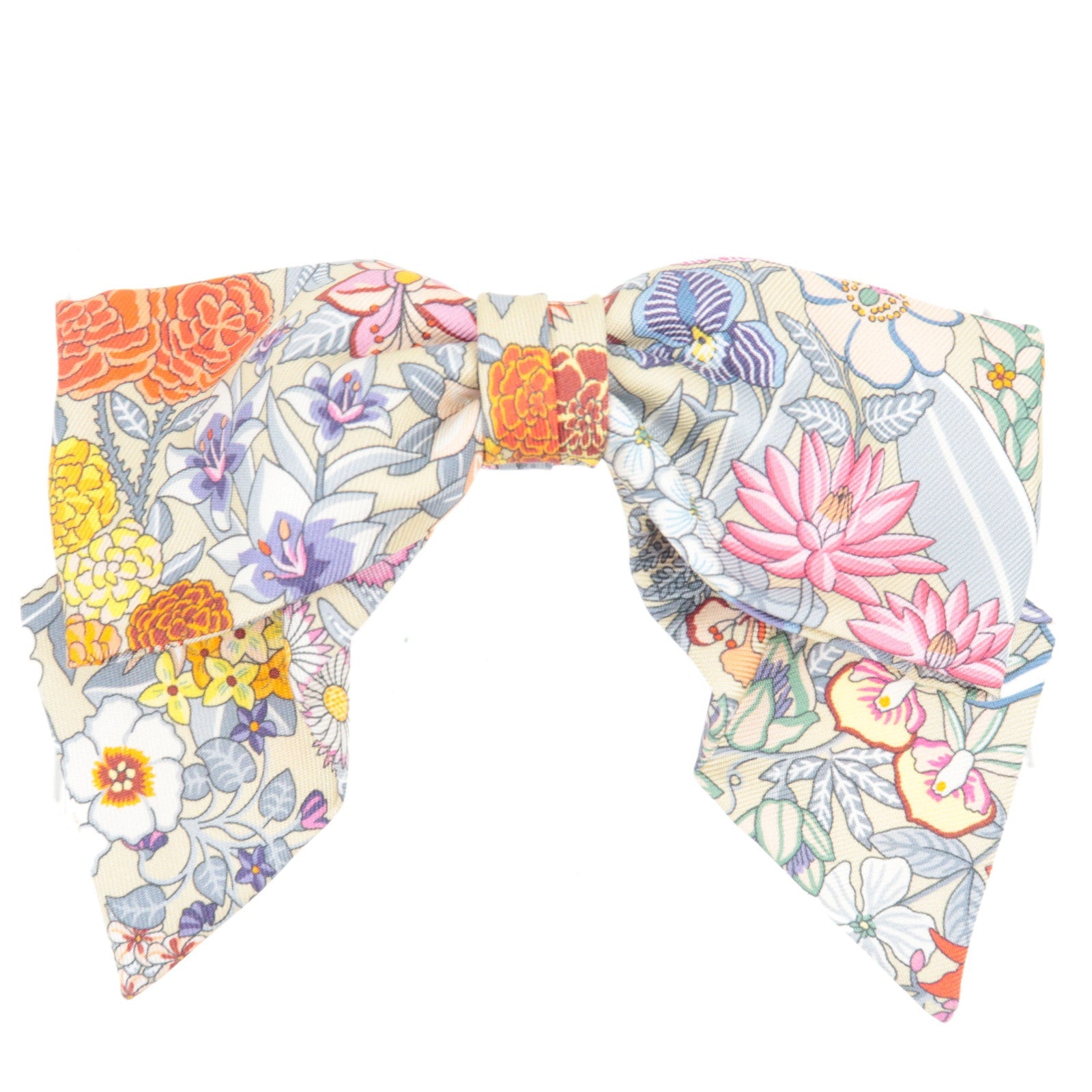 HERMES "Ex-Libris" Grenelle hair clip Barrette Flower Print Silk Multicolor *Box77637