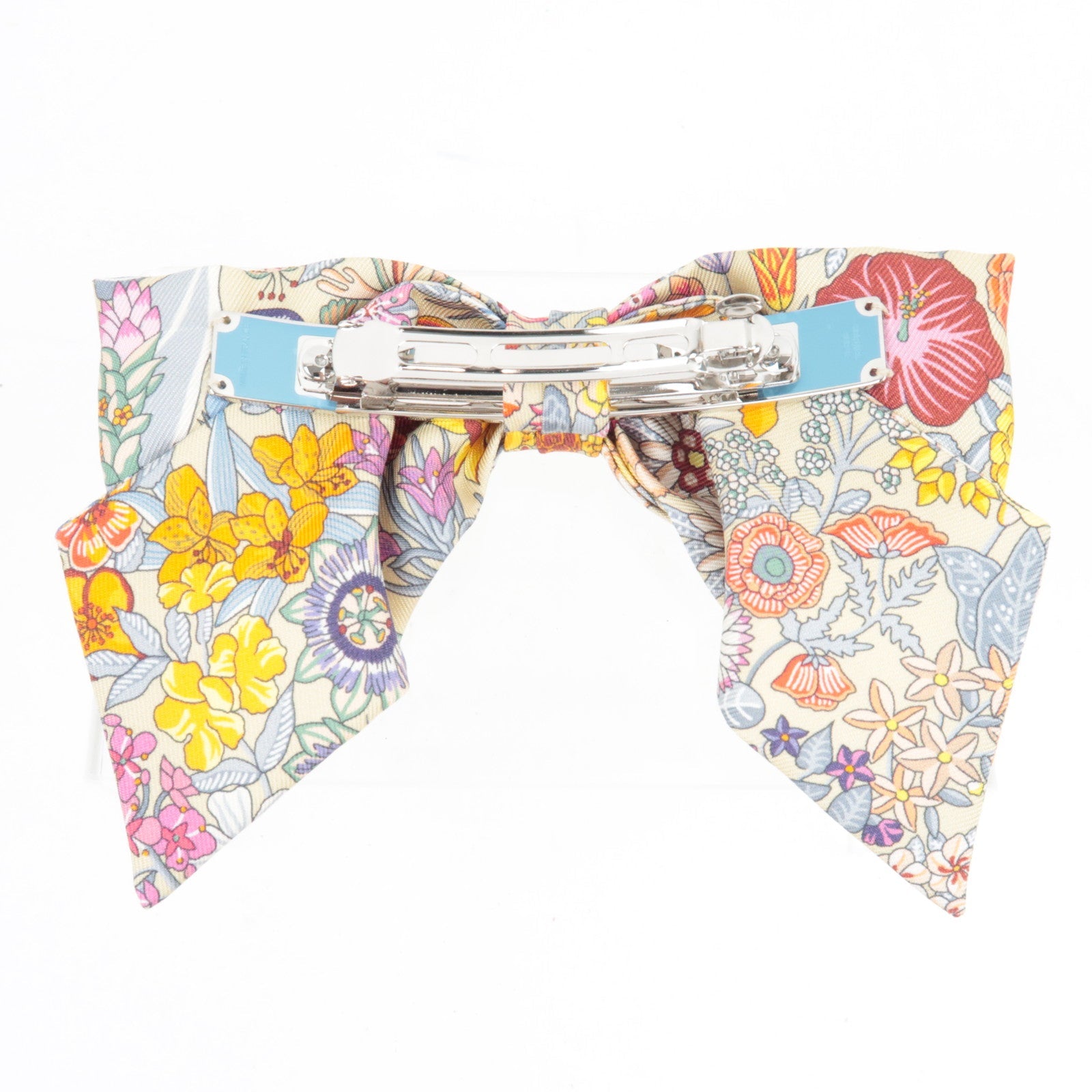 HERMES "Ex-Libris" Grenelle hair clip Barrette Flower Print Silk Multicolor *Box
