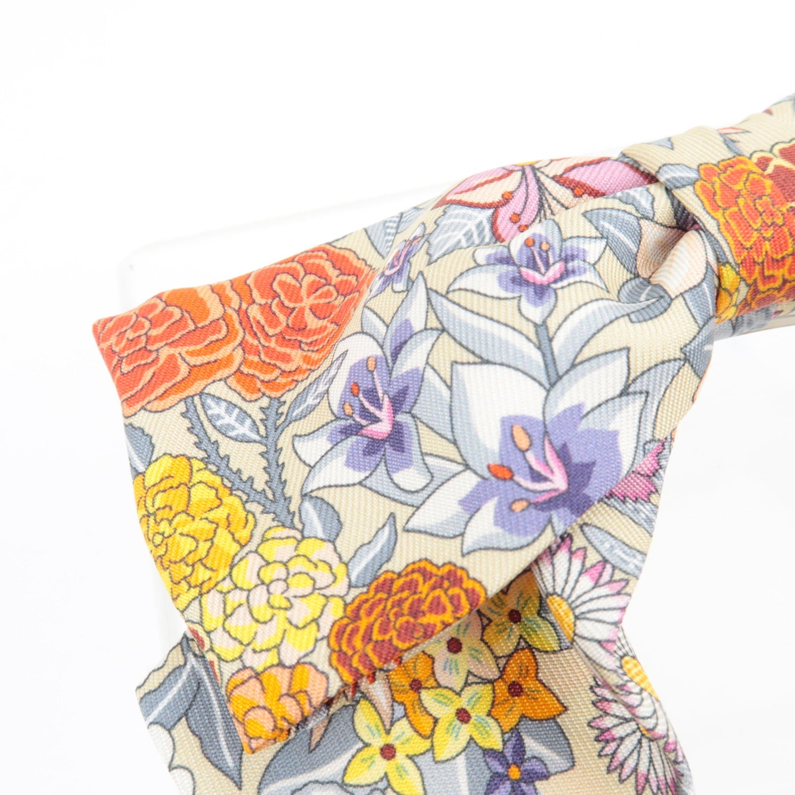 HERMES "Ex-Libris" Grenelle hair clip Barrette Flower Print Silk Multicolor *Box