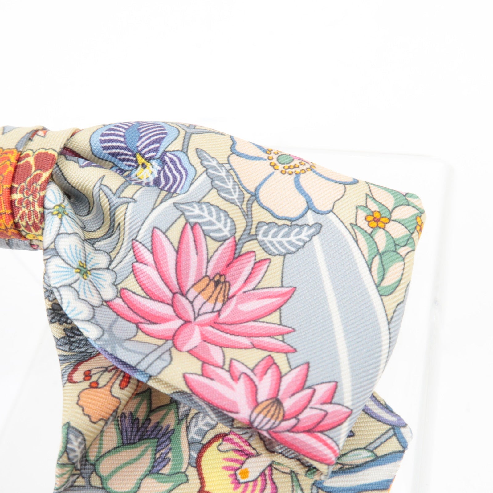 HERMES "Ex-Libris" Grenelle hair clip Barrette Flower Print Silk Multicolor *Box