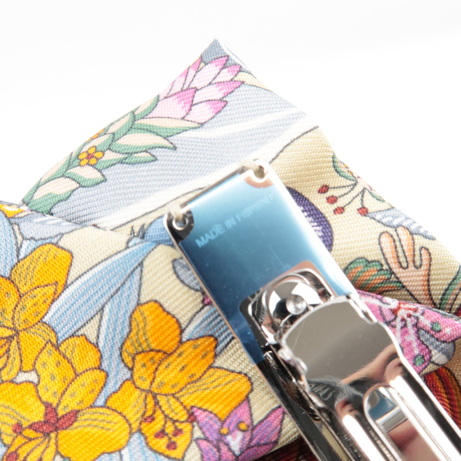HERMES "Ex-Libris" Grenelle hair clip Barrette Flower Print Silk Multicolor *Box