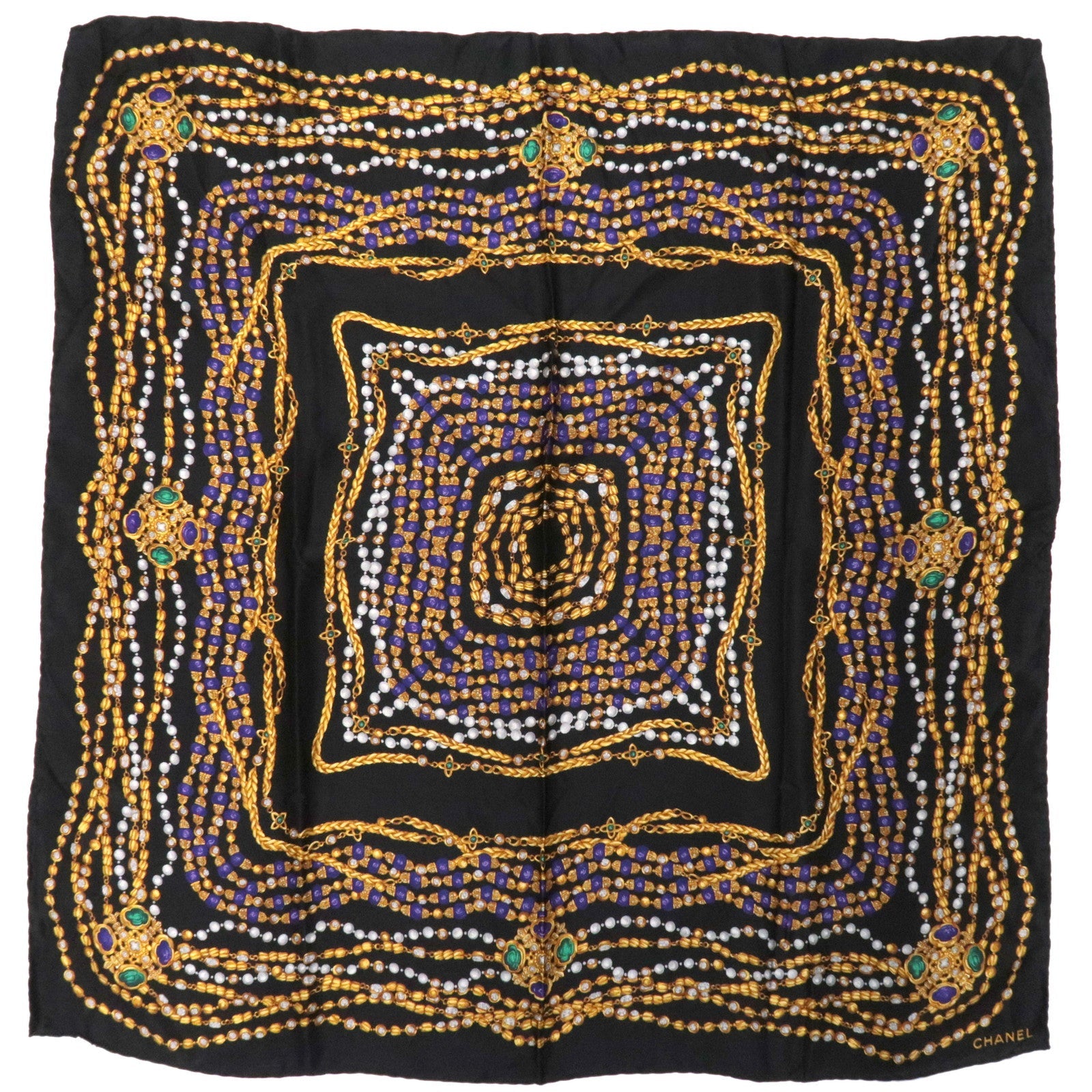 CHANEL Scarf Jewelry Print 100% Silk Black77639