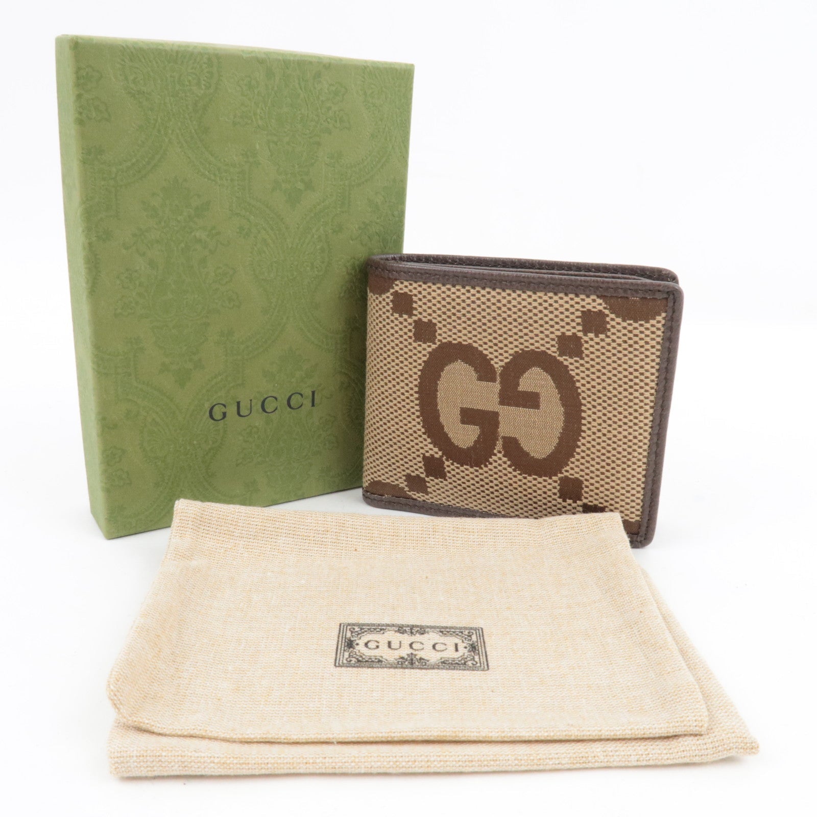 GUCCI Jumbo GG Bi-Fold Wallet Canvas Leather Beige Brown *Box, Dust bag