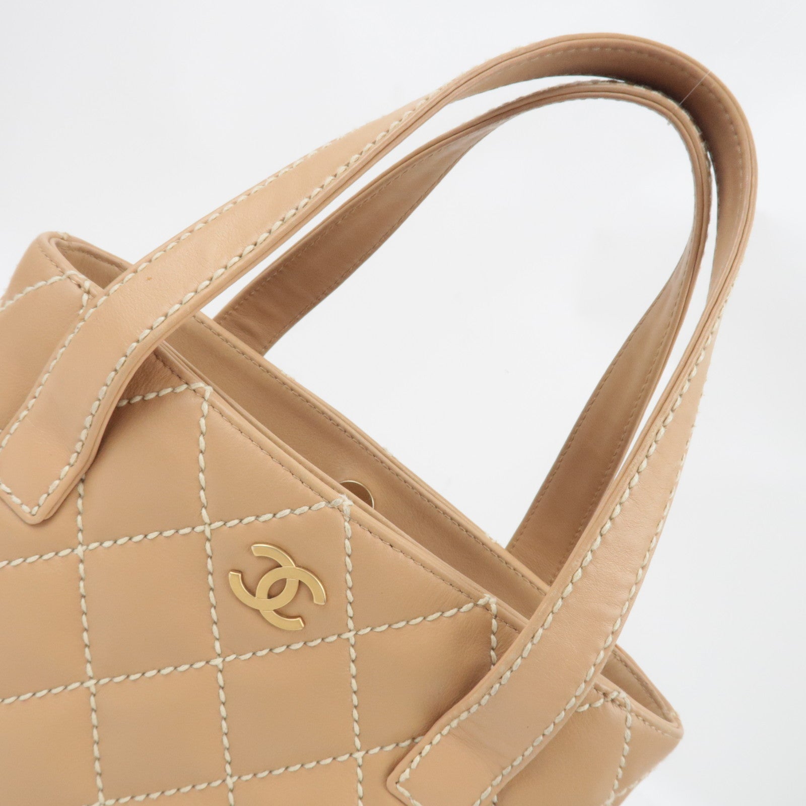 CHANEL Wild Stitch Tote Bag Leather Beige Gold HDW A18126 7984282