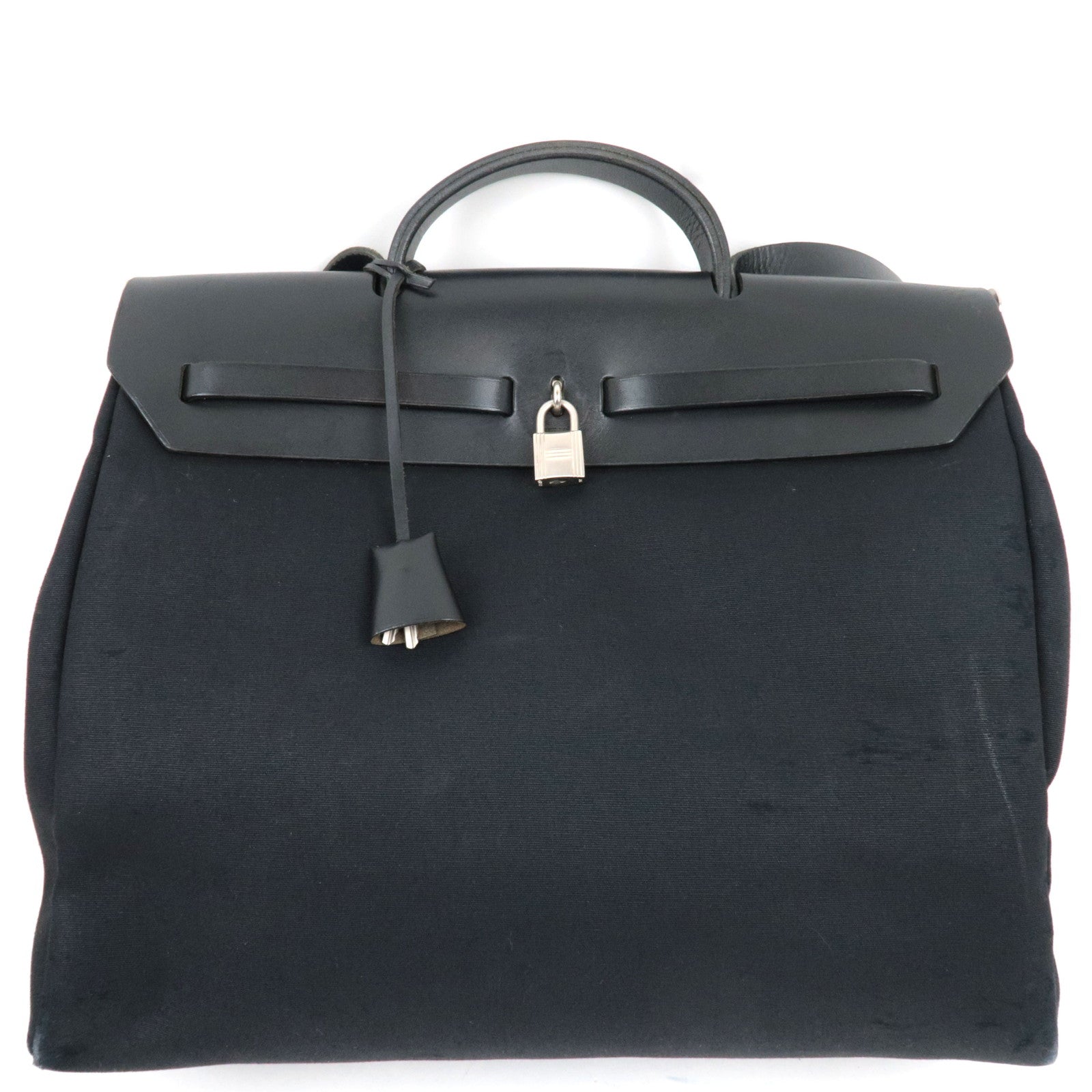HERMES Her Bag 2Way Hand Bag □E Stamp (2001) Toile H Leather Black Silver HDW *Dust bag, Spare bag, Key Lock, Clochette