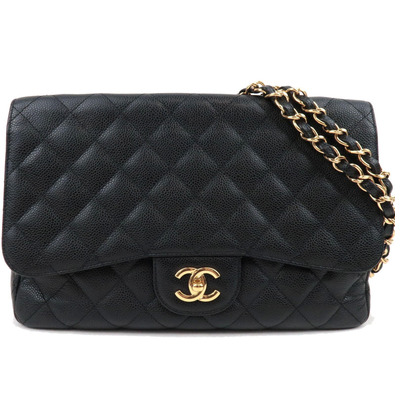 CHANEL Jumbo Matelasse 30 Single Flap Shoulder Bag Caviar Skin Black Gold HDW 13584309 77879