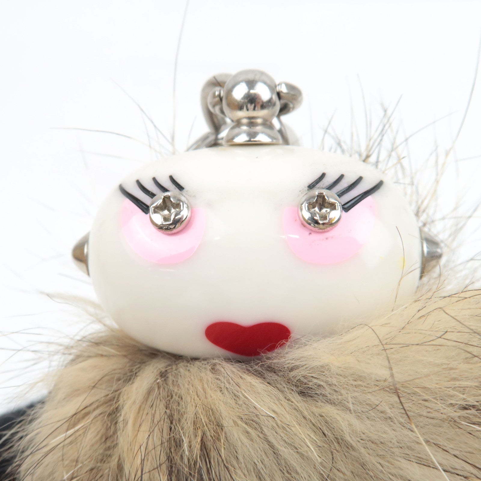 PRADA Robot Fur Bag Charm Fur Metal Beige Brown