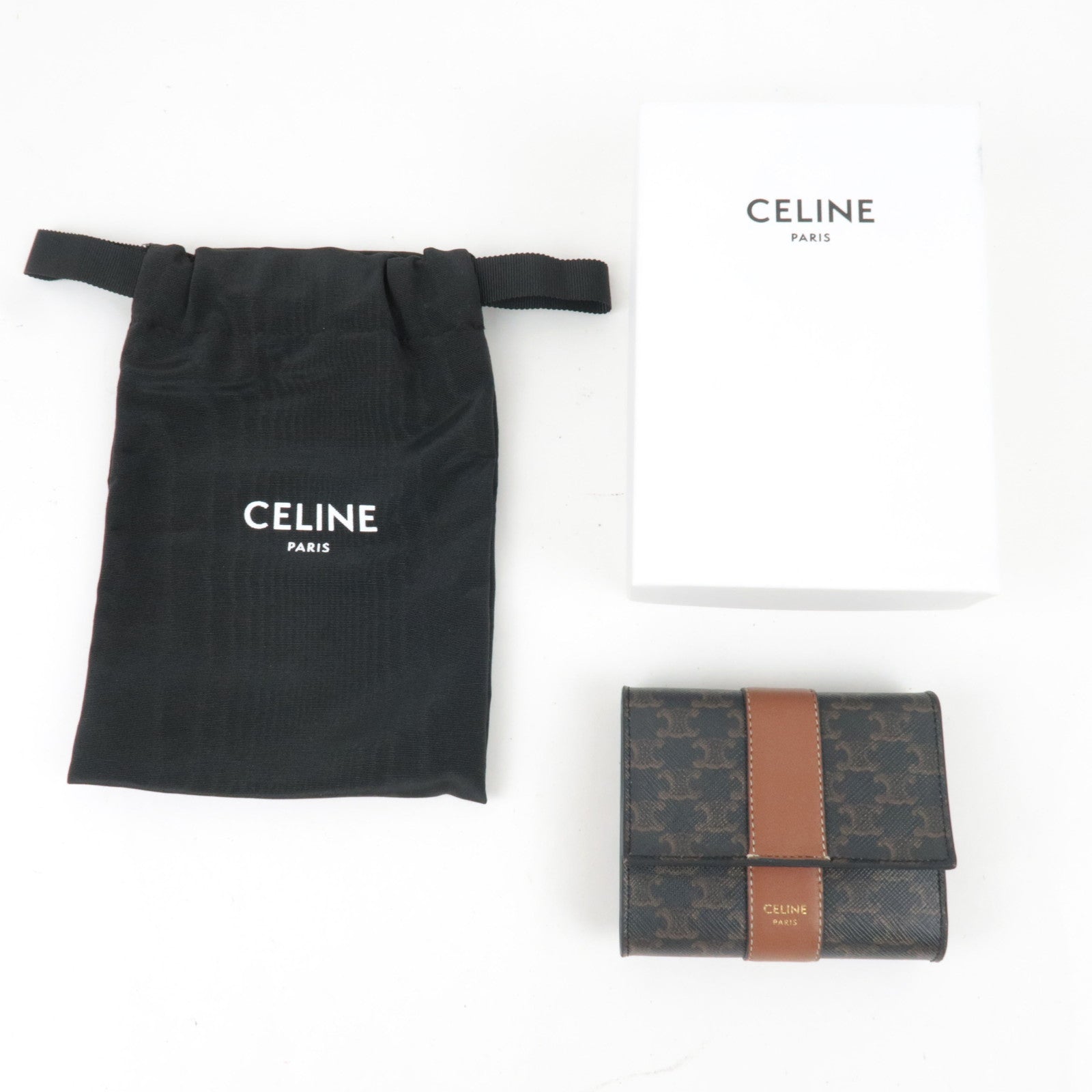 CELINE Triomphe Small Trifold Wallet PVC Leather Brown *Box, Dust bag