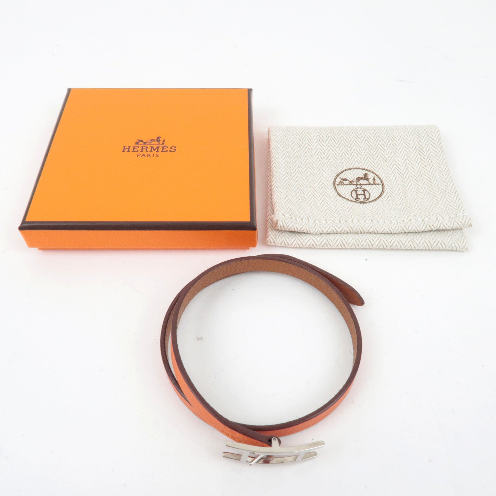 HERMES Behapi Double Tour Bracelet T3 Leather Orange Silver HDW *Box, Dust bag