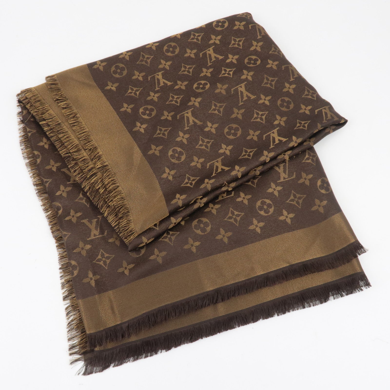 Louis Vuitton Shawl Monogram Shine Scarf Silk Rayon Wool Polyester Marron M75122 LP1221