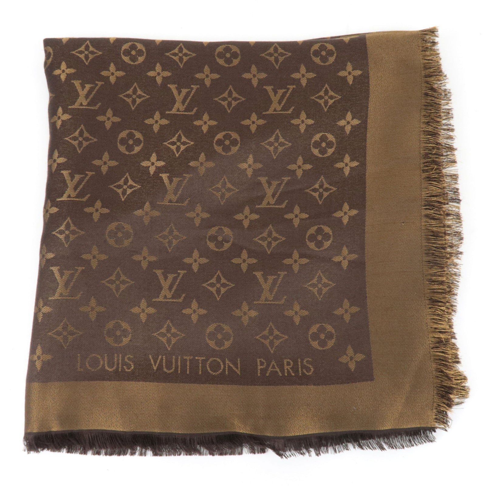 Louis Vuitton Shawl Monogram Shine Scarf Silk Rayon Wool Polyester Marron M75122 LP1221
