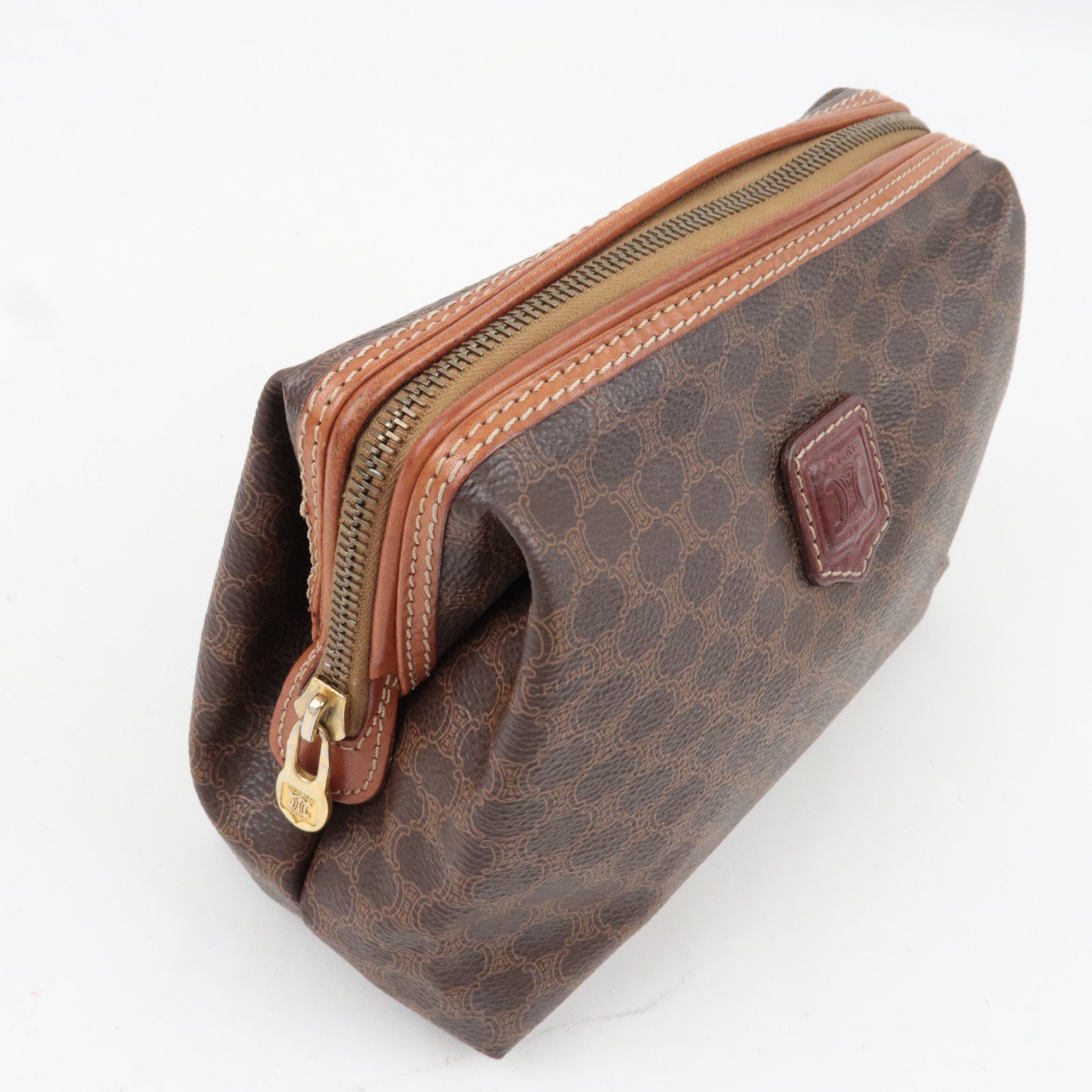 CELINE Macadam Cosmetic Pouch PVC Leather Brown