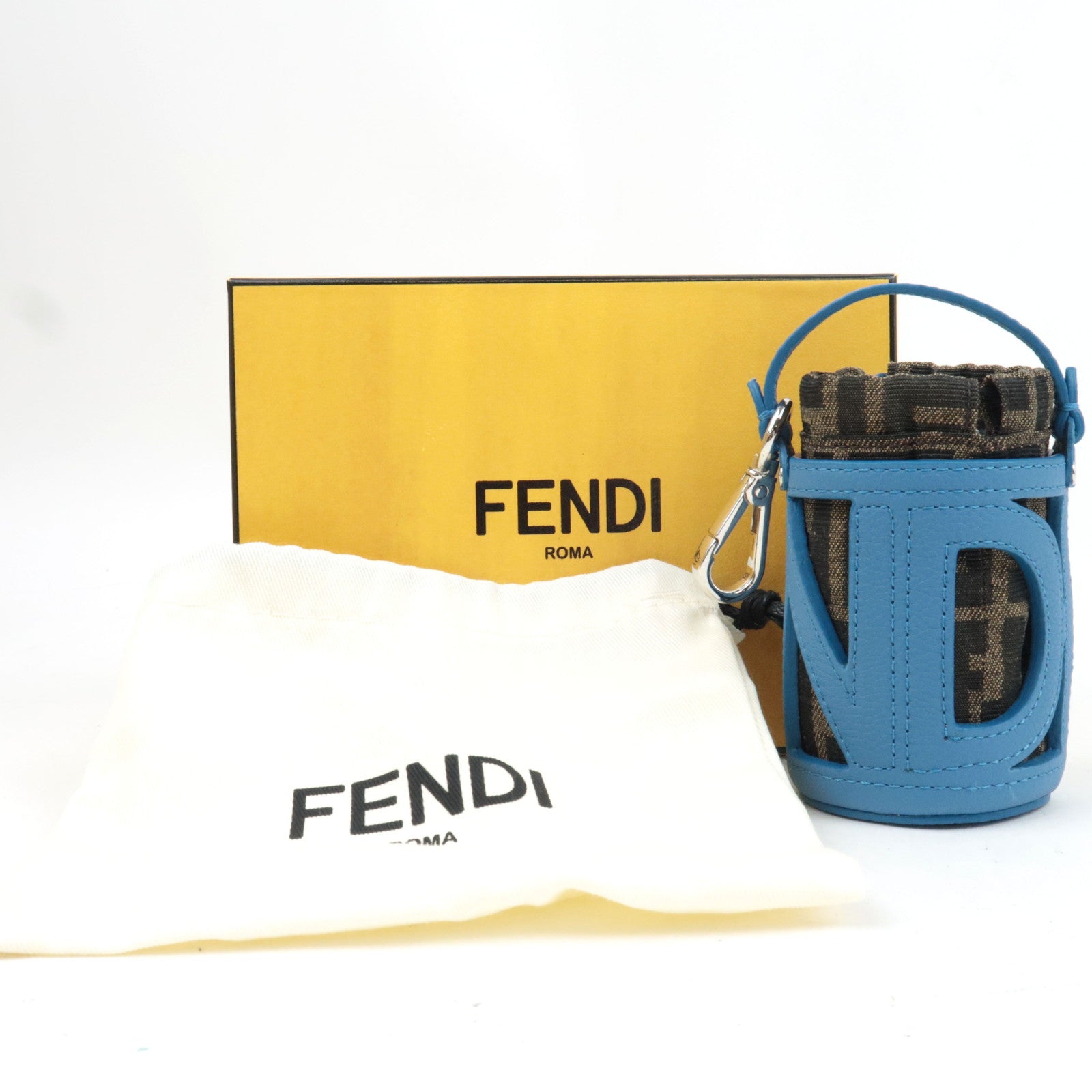 FENDI Zucca Bucket Shape Bag Charm Leather Canvas Blue 7AS158 *Box, Dust bag