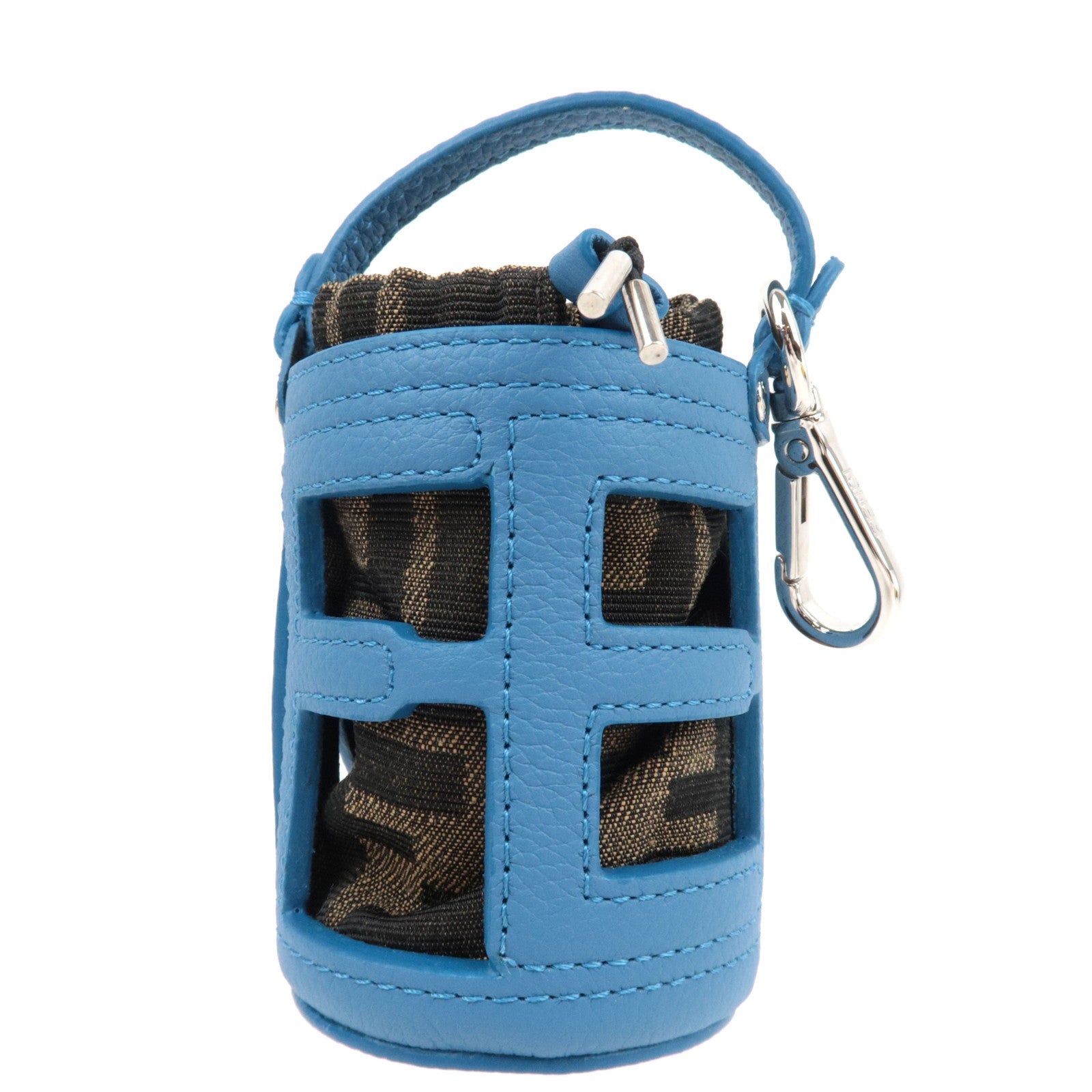 FENDI Zucca Bucket Shape Bag Charm Leather Canvas Blue 7AS158 *Box, Dust bag