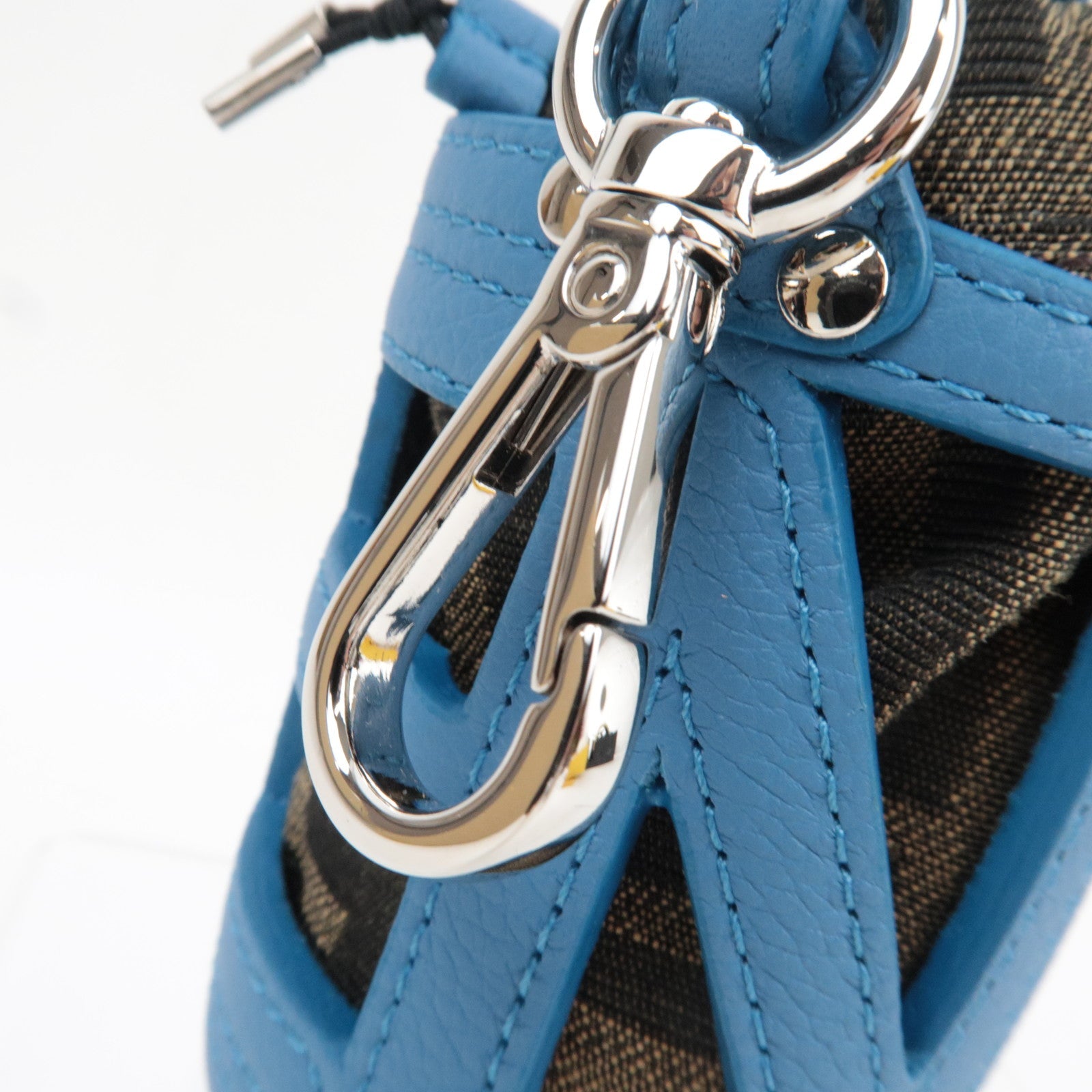 FENDI Zucca Bucket Shape Bag Charm Leather Canvas Blue 7AS158 *Box, Dust bag