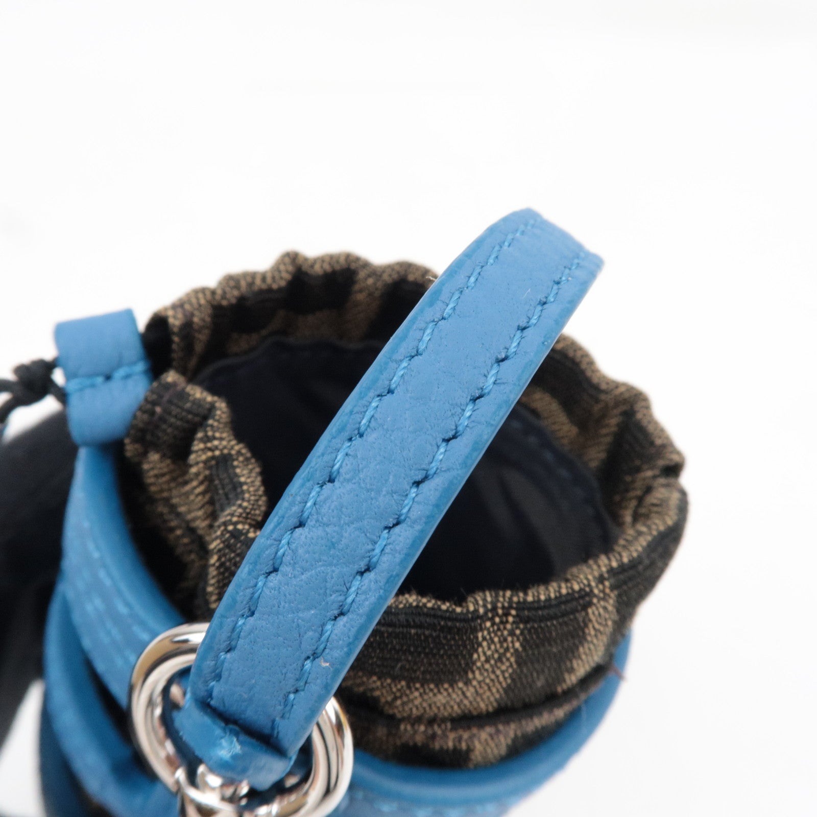 FENDI Zucca Bucket Shape Bag Charm Leather Canvas Blue 7AS158 *Box, Dust bag