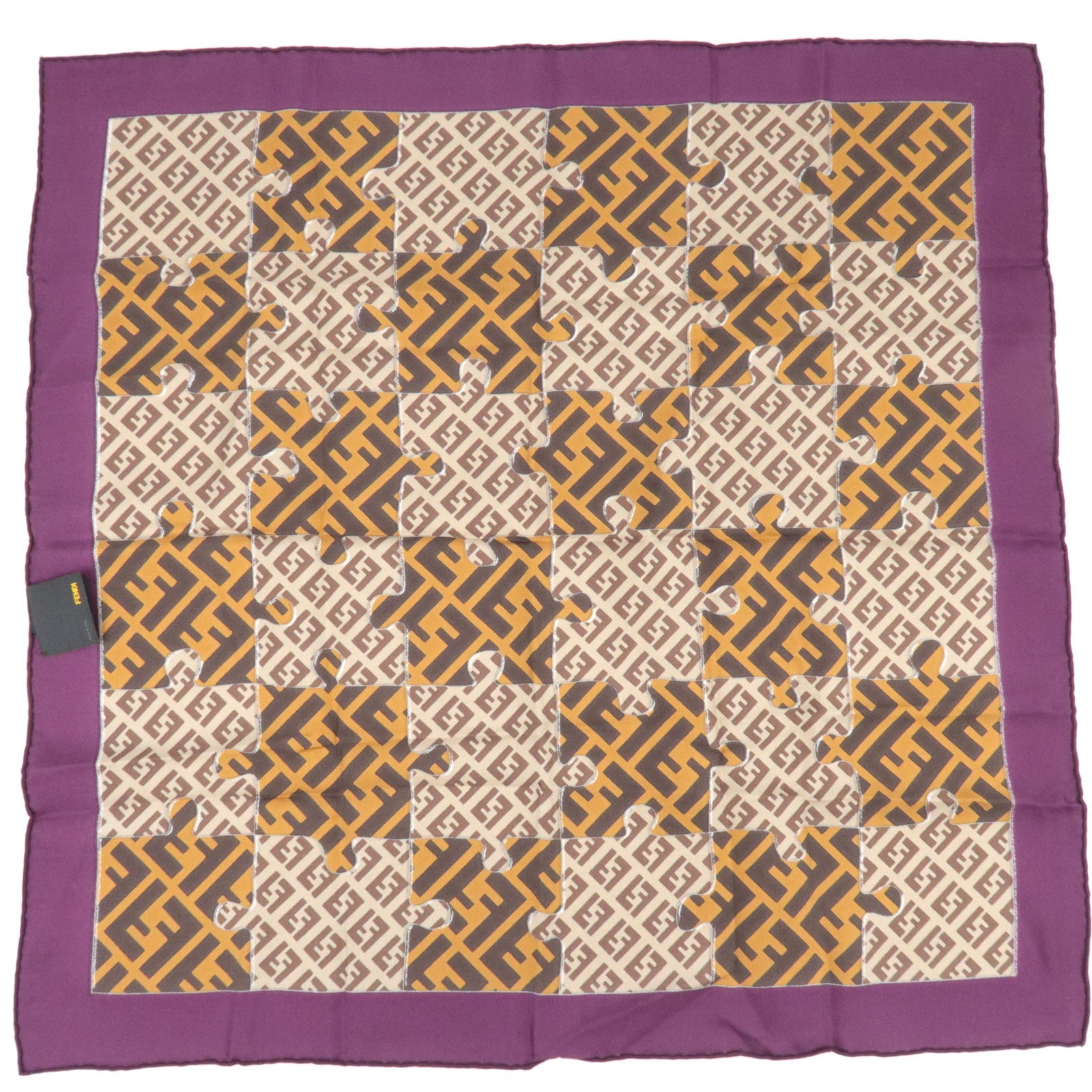 FENDI Zucca Zucchino Puzzle Print Scarf 100% Silk Brown Beige *Paper case