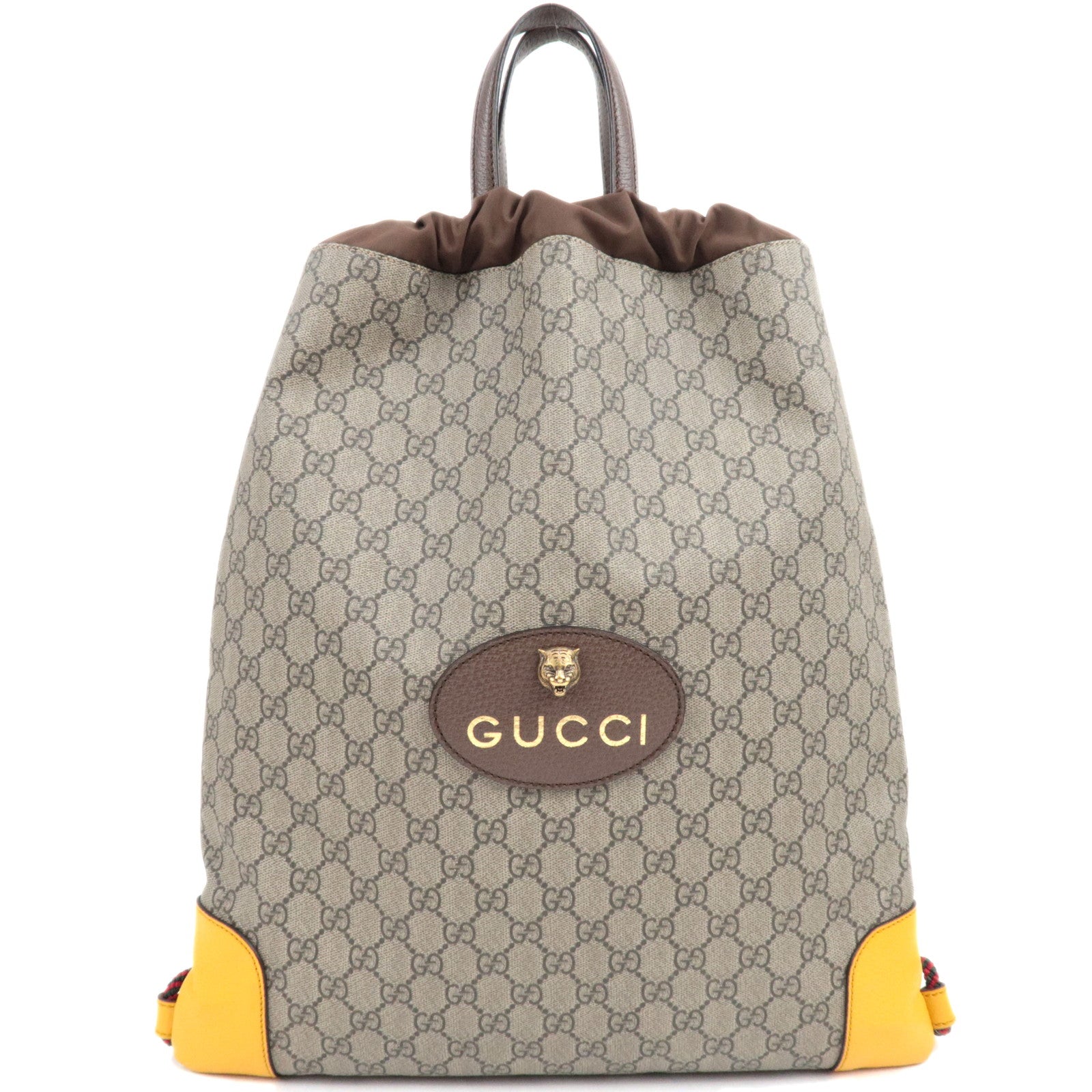 GUCCI GG Supreme Drawstring Backpack Leather Nylon Beige Brown Yellow 473872 78883