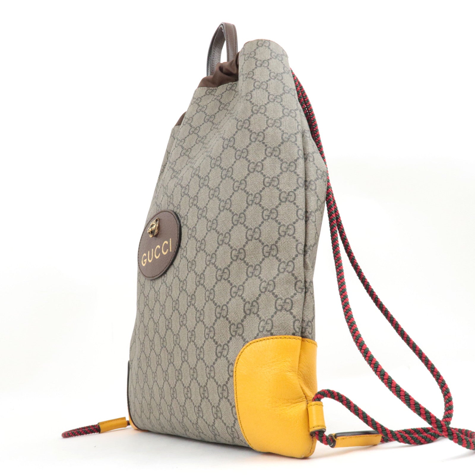GUCCI GG Supreme Drawstring Backpack Leather Nylon Beige Brown Yellow 473872