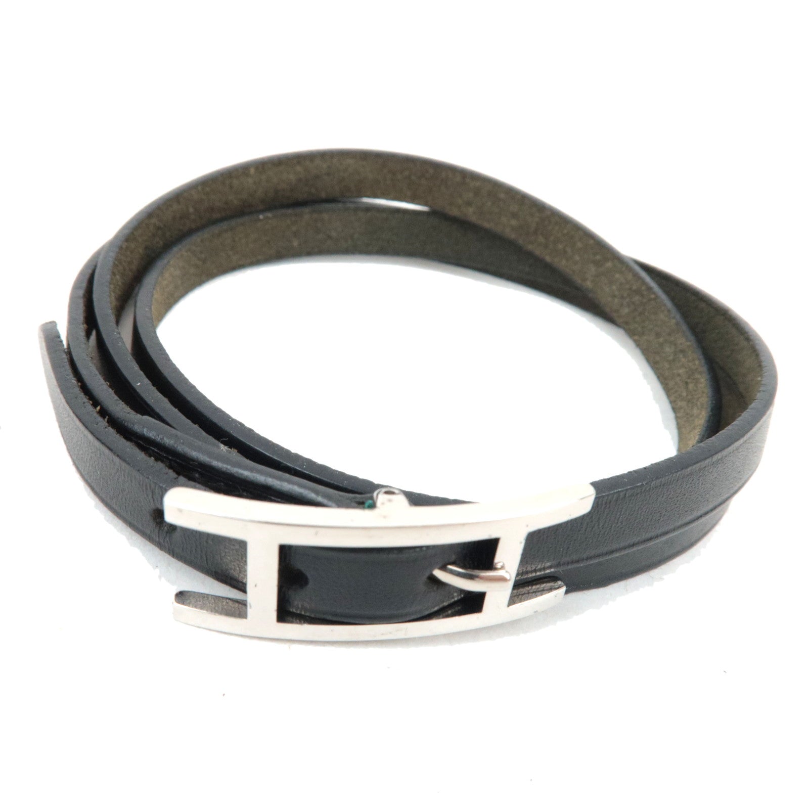 HERMES Hapi 3 Bracelet □E Stamp (2001) Leather Black Silver HDW78922