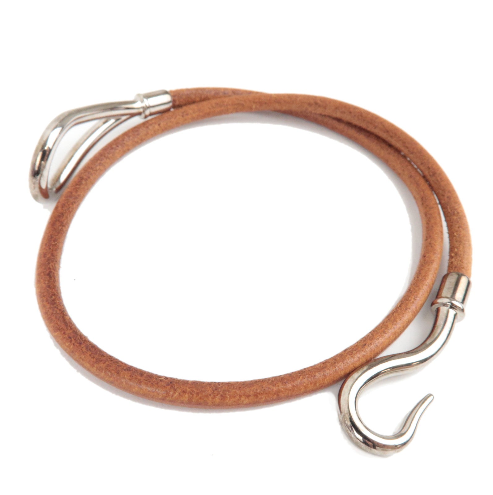HERMES Jumbo Choker Double Bracelet Leather Brown Silver HDW *Box78924