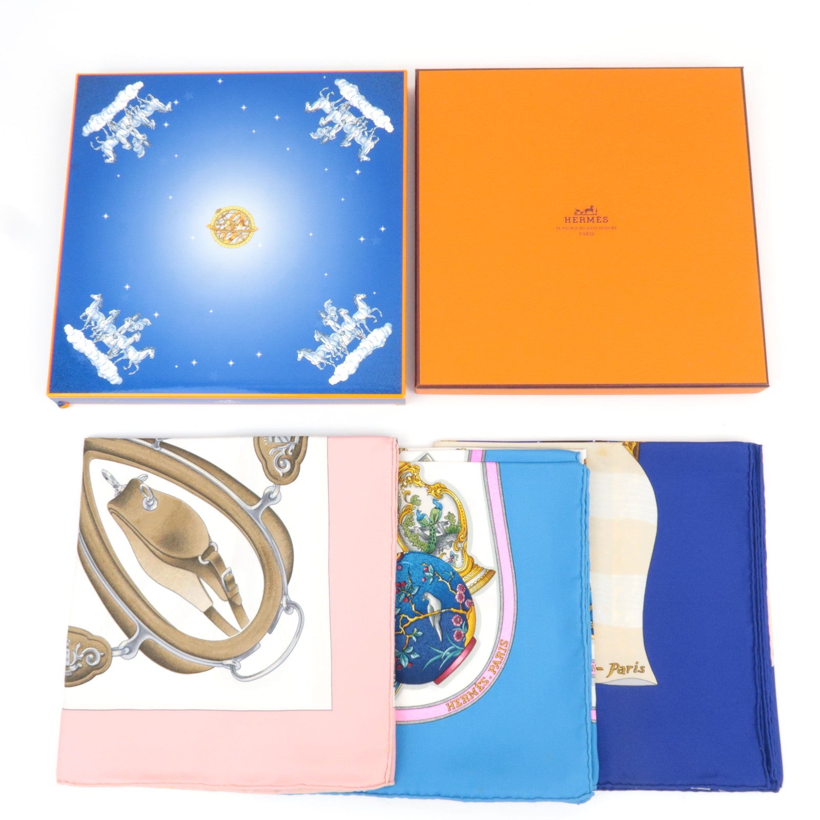 HERMES Set of 3 Carre 90 Scarf 100% Silk Blue White / Pink White / Blue White *Box