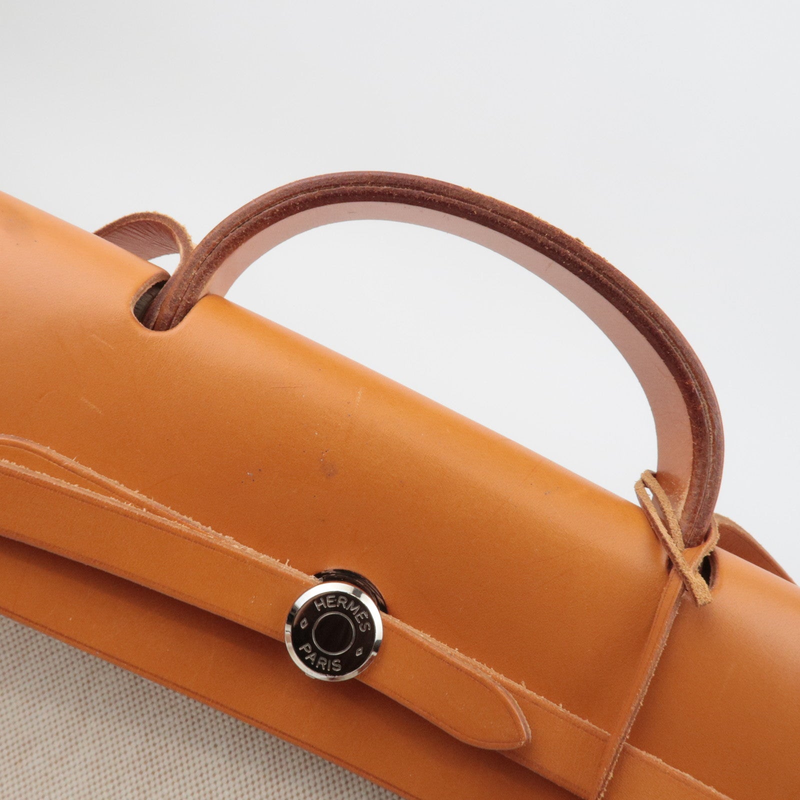 HERMES Her Bag MM □B Stamp (1998) Toile H Leather Beige Camel *Spare bag, Key Lock, Clochette