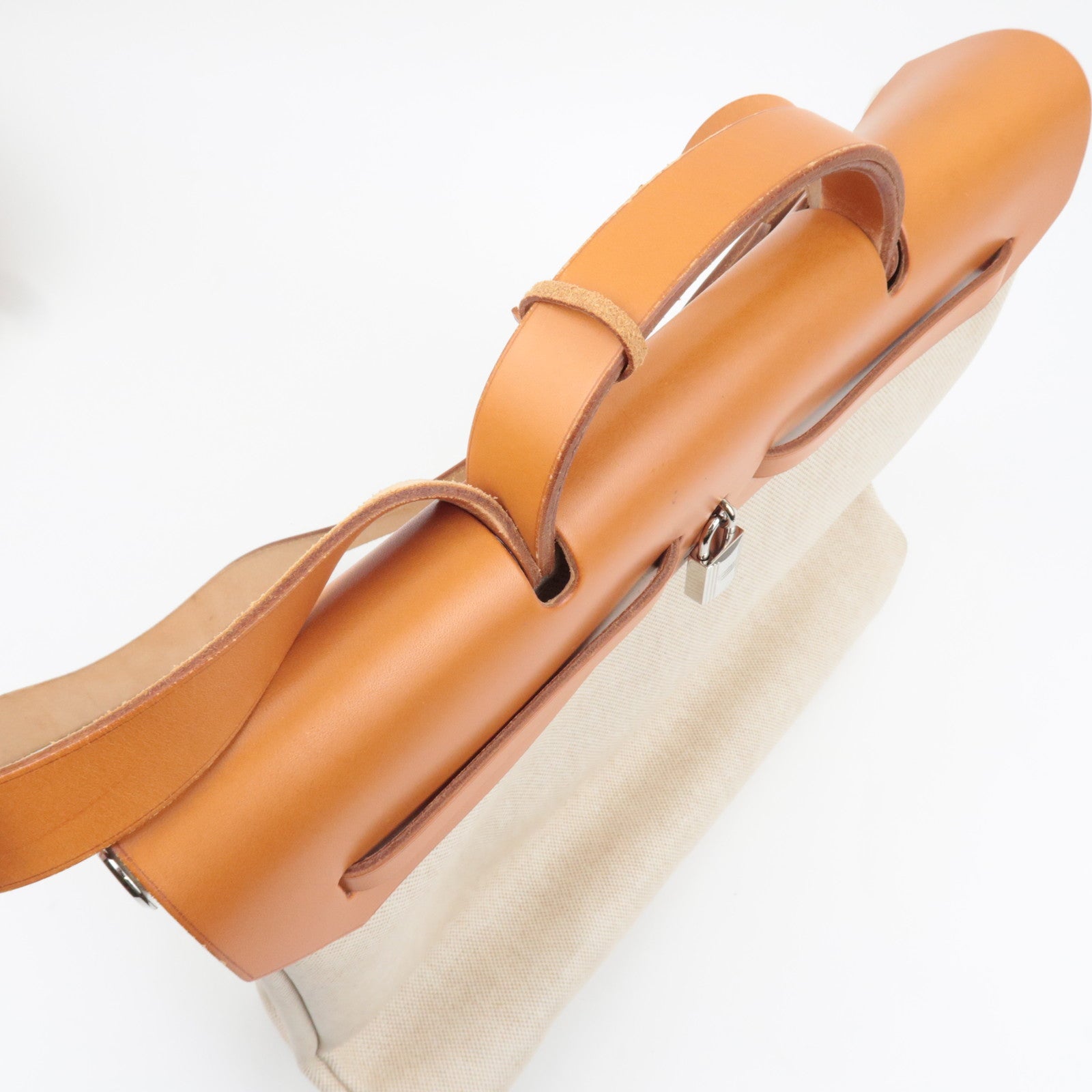 HERMES Her Bag MM □B Stamp (1998) Toile H Leather Beige Camel *Spare bag, Key Lock, Clochette